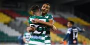 2 October 2020; Jack Byrne is congratulated by Shamrock Rovers team-mate Graham Burke, right. after scoring this third goal during the SSE Airtricity League Premier Division match between Shamrock Rovers and Sligo Rovers at Tallaght Stadium in Dublin. Photo by Stephen McCarthy/Sportsfile