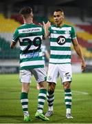2 October 2020; Jack Byrne is congratulated by Shamrock Rovers team-mate Graham Burke, right. after scoring this third goal during the SSE Airtricity League Premier Division match between Shamrock Rovers and Sligo Rovers at Tallaght Stadium in Dublin. Photo by Stephen McCarthy/Sportsfile