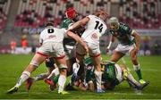 2 October 2020; Abraham Steyn of Benetton is tackled by Matthew Rea, left, and Craig Gilroy of Ulster during the Guinness PRO14 match between Ulster and Benetton at the Kingspan Stadium in Belfast. Photo by David Fitzgerald/Sportsfile
