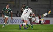 2 October 2020; Iliesa Ratuva Tavuyara of Benetton is tackled by Marcell Coetzee, right, and Marty Moore of Ulster during the Guinness PRO14 match between Ulster and Benetton at the Kingspan Stadium in Belfast. Photo by David Fitzgerald/Sportsfile