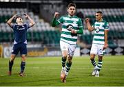 2 October 2020; Dylan Watts of Shamrock Rovers celebrates after scoring his side's fourth goal during the SSE Airtricity League Premier Division match between Shamrock Rovers and Sligo Rovers at Tallaght Stadium in Dublin. Photo by Stephen McCarthy/Sportsfile