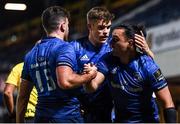 2 October 2020; James Lowe of Leinster celebrates after scoring his side's fourth try with team-maes Hugo Keenan and Garry Ringrose during the Guinness PRO14 match between Leinster and Dragons at the RDS Arena in Dublin. Photo by Harry Murphy/Sportsfile