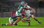 2 October 2020; Rob Herring of Ulster is tackled by Marco Lazzaroni, left, and Gianmarco Lucchesi of Benetton during the Guinness PRO14 match between Ulster and Benetton at the Kingspan Stadium in Belfast. Photo by David Fitzgerald/Sportsfile