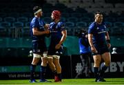 2 October 2020; Ryan Baird and Josh van der Flier of Leinster embrace following the Guinness PRO14 match between Leinster and Dragons at the RDS Arena in Dublin. Photo by Harry Murphy/Sportsfile
