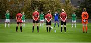 3 October 2020; Players observe a minute's silence for the late Michael Hayes of the FAI's Competitions Department prior to the FAI Women's Senior Cup Quarter-Final match between Bohemians and Cork City at Oscar Traynor Centre in Coolock, Dublin. Photo by Stephen McCarthy/Sportsfile