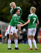 3 October 2020; Lauren Egbuloniu of Cork City celebrates after scoring her side's first goal with team-mates Eabha O'Mahony, top, and Christina Dring, right, during the FAI Women's Senior Cup Quarter-Final match between Bohemians and Cork City at Oscar Traynor Centre in Coolock, Dublin. Photo by Stephen McCarthy/Sportsfile