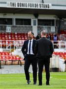 3 October 2020; Cork City manager Neale Fenn, left, and St Patrick's Athletic head coach Stephen O'Donnell share a joke ahead of the SSE Airtricity League Premier Division match between Cork City and St. Patrick's Athletic at Turners Cross in Cork. Photo by Sam Barnes/Sportsfile