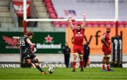 3 October 2020; Ben Healy of Munster kicks a penalty to win the Guinness PRO14 match between Scarlets and Munster at Parc y Scarlets in Llanelli, Wales. Photo by Ben Evans/Sportsfile