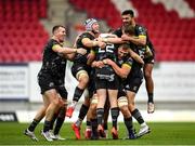 3 October 2020; Munster players celebrate with Ben Healy, 22, following their side's victory in the Guinness PRO14 match between Scarlets and Munster at Parc y Scarlets in Llanelli, Wales. Photo by Ben Evans/Sportsfile