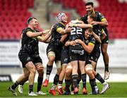 3 October 2020; Munster players celebrate with Ben Healy, 22, following their side's victory in the Guinness PRO14 match between Scarlets and Munster at Parc y Scarlets in Llanelli, Wales. Photo by Ben Evans/Sportsfile