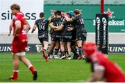3 October 2020; Munster players celebrate following their side's victory in the Guinness PRO14 match between Scarlets and Munster at Parc y Scarlets in Llanelli, Wales. Photo by Darren Griffiths/Sportsfile