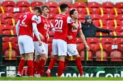 3 October 2020; Jordan Gibson of St Patrick's Athletic, right, celebrates with team-mates, including Shane Griffin, 20, after scoring his side's second goal during the SSE Airtricity League Premier Division match between Cork City and St. Patrick's Athletic at Turners Cross in Cork. Photo by Sam Barnes/Sportsfile