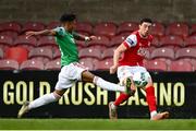3 October 2020; Jordan Gibson of St Patrick's Athletic in action against Uniss Kargbo of Cork City during the SSE Airtricity League Premier Division match between Cork City and St. Patrick's Athletic at Turners Cross in Cork. Photo by Sam Barnes/Sportsfile