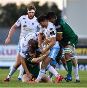 3 October 2020; Adam Hastings of Glasgow Warriors is tackled by Jack Carty, left, and Jarrad Butler of Connacht during the Guinness PRO14 match between Connacht and Glasgow Warriors at The Sportsground in Galway. Photo by Ramsey Cardy/Sportsfile