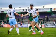 3 October 2020; Tommy Seymour, right, celebrates with Glasgow Warriors  team-mate Pete Horne after scoring his side's third try during the Guinness PRO14 match between Connacht and Glasgow Warriors at The Sportsground in Galway. Photo by Ramsey Cardy/Sportsfile