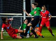 3 October 2020; Karen Duggan of Peamount United is tackled by Jess Gargan of Shelbourne during the FAI Women's Senior Cup Quarter-Final match between Peamount United and Shelbourne at PRL Park in Greenogue, Dublin. Photo by Seb Daly/Sportsfile