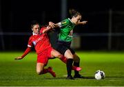 3 October 2020; Karen Duggan of Peamount United in action against Jess Ziu of Shelbourne during the FAI Women's Senior Cup Quarter-Final match between Peamount United and Shelbourne at PRL Park in Greenogue, Dublin. Photo by Seb Daly/Sportsfile