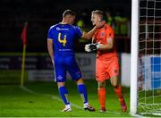 3 October 2020; Bohemians goalkeeper James Talbot is congratulated by team-mate Dan Casey, 4, after saving a penalty during the SSE Airtricity League Premier Division match between Shelbourne and Bohemians at Tolka Park in Dublin. Photo by Stephen McCarthy/Sportsfile