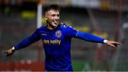 3 October 2020; Danny Grant of Bohemians celebrates after scoring his side's second goal during the SSE Airtricity League Premier Division match between Shelbourne and Bohemians at Tolka Park in Dublin. Photo by Stephen McCarthy/Sportsfile