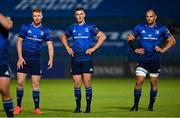 2 October 2020; Leinster players, from left, Ciarán Frawley, Jonathan Sexton and Rhys Ruddock during the Guinness PRO14 match between Leinster and Dragons at the RDS Arena in Dublin. Photo by Brendan Moran/Sportsfile