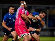 2 October 2020; Hugo Keenan of Leinster is tackled by Joe Davies and Nick Tompkins of Dragons during the Guinness PRO14 match between Leinster and Dragons at the RDS Arena in Dublin. Photo by Brendan Moran/Sportsfile
