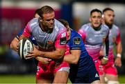 2 October 2020; Jamie Roberts of Dragons is tackled by Jordan Larmour of Leinster during the Guinness PRO14 match between Leinster and Dragons at the RDS Arena in Dublin. Photo by Brendan Moran/Sportsfile