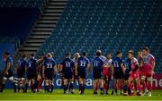 2 October 2020; Players acknowledge each other in front of empty stands after the Guinness PRO14 match between Leinster and Dragons at the RDS Arena in Dublin. Photo by Brendan Moran/Sportsfile