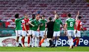 3 October 2020; Cork City players for handball with referee Derek Tomney during the SSE Airtricity League Premier Division match between Cork City and St. Patrick's Athletic at Turners Cross in Cork. Photo by Sam Barnes/Sportsfile
