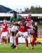 3 October 2020; Joseph Olowu of Cork City in action against Jamie Lennon, centre, and Georgie Kelly of St Patrick's Athletic during the SSE Airtricity League Premier Division match between Cork City and St. Patrick's Athletic at Turners Cross in Cork. Photo by Sam Barnes/Sportsfile
