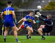 4 October 2020; Conor Rooney of Ratoath has a shot at goal saved by Gaeil Colmcille goalkeeper Justin Carry-Lynch during the Meath County Senior Football Championship Final match between Ratoath and Gaeil Colmcille at Páirc Táilteann in Navan, Meath. Photo by Brendan Moran/Sportsfile