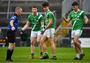 4 October 2020; Moycullen players, from left, Gearóid Breadseach, Séan Ó Ceallaigh and Neil Ó Maolcarthaigh react after referee Austin O'Connell awards a penalty against their side during the Galway County Senior Football Championship Final match between Moycullen and Mountbellew-Moylough at Pearse Stadium in Galway. Photo by Seb Daly/Sportsfile