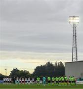 4 October 2020; Players observe a minute's silence for the late Michael Hayes of the FAI's Competitions Department prior to the the SSE Airtricity League Premier Division match between Dundalk and Finn Harps at Oriel Park in Dundalk, Louth. Photo by Harry Murphy/Sportsfile