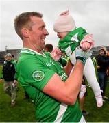 4 October 2020; Marc Ó Loideáin of Moycullen celebrates with his 6 month old daughter Sarah following his side's victory in the Galway County Senior Football Championship Final match between Moycullen and Mountbellew-Moylough at Pearse Stadium in Galway. Photo by Seb Daly/Sportsfile