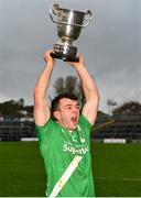 4 October 2020; Moycullen captain Deasún Ó Conghaile lifts the trophy following their side's victory in the Galway County Senior Football Championship Final match between Moycullen and Mountbellew-Moylough at Pearse Stadium in Galway. Photo by Seb Daly/Sportsfile