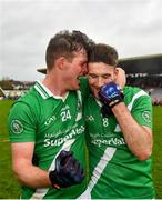 4 October 2020; Eoghan Ó Galloichuir, left, and Tomás Ó Cleireach of Moycullen celebrate following their side's victory in the Galway County Senior Football Championship Final match between Moycullen and Mountbellew-Moylough at Pearse Stadium in Galway. Photo by Seb Daly/Sportsfile