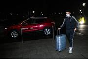 4 October 2020; John Egan on his arrival at the Republic of Ireland team hotel in Dublin ahead of their upcoming UEFA EURO2020 Qualifying Play-Off Semi-Final against Slovakia and UEFA Nations League matches against Wales and Finland. Photo by Stephen McCarthy/Sportsfile