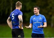 3 October 2020; Referee Colm Roche speaks to Old Belvedere captain Dean Moore prior to during the Energia Community Series Leinster Conference 1 match between UCD and Old Belvedere at UCD Bowl in Belfield, Dublin. Photo by Harry Murphy/Sportsfile