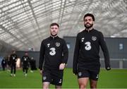 5 October 2020; Jack Byrne, left, and Derrick Williams during an activation session prior to a Republic of Ireland training session at the Sport Ireland National Indoor Arena in Dublin.  Photo by Stephen McCarthy/Sportsfile