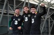 5 October 2020; Players, from left, Enda Stevens, Jeff Hendrick and Robbie Brady during an activation session prior to a Republic of Ireland training session at the Sport Ireland National Indoor Arena in Dublin.  Photo by Stephen McCarthy/Sportsfile