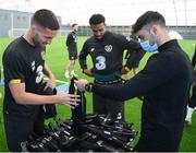 5 October 2020; STATSports Analyst Jason Black with Matt Doherty, left, and Cyrus Christie during an activation session prior to a Republic of Ireland training session at the Sport Ireland National Indoor Arena in Dublin.  Photo by Stephen McCarthy/Sportsfile