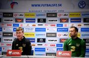7 October 2020; Republic of Ireland manager Stephen Kenny, left, and Shane Duffy during a Republic of Ireland press conference at Tehelné pole in Bratislava, Slovakia. Photo by Stephen McCarthy/Sportsfile