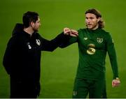 7 October 2020; Jeff Hendrick and Ruaidhri Higgins, Republic of Ireland chief scout and opposition analyst, during a Republic of Ireland training session at Tehelné pole in Bratislava, Slovakia. Photo by Stephen McCarthy/Sportsfile