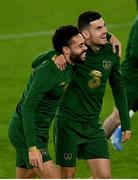 7 October 2020; Derrick Williams, left, and John Egan during a Republic of Ireland training session at Tehelné pole in Bratislava, Slovakia. Photo by Stephen McCarthy/Sportsfile