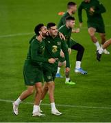 7 October 2020; Derrick Williams, left, and John Egan during a Republic of Ireland training session at Tehelné pole in Bratislava, Slovakia. Photo by Stephen McCarthy/Sportsfile