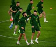 7 October 2020; Derrick Williams, left, and John Egan during a Republic of Ireland training session at Tehelné pole in Bratislava, Slovakia. Photo by Stephen McCarthy/Sportsfile