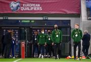 8 October 2020; Republic of Ireland players, including James McClean, right, and David McGoldrick, centre, inspect the pitch ahead of the UEFA EURO2020 Qualifying Play-Off Semi-Final match between Slovakia and Republic of Ireland at Tehelné pole in Bratislava, Slovakia. Photo by Stephen McCarthy/Sportsfile