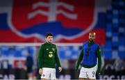 8 October 2020; Robbie Brady, left, and David McGoldrick of Republic of Ireland warm-up ahead of the UEFA EURO2020 Qualifying Play-Off Semi-Final match between Slovakia and Republic of Ireland at Tehelné pole in Bratislava, Slovakia. Photo by Stephen McCarthy/Sportsfile