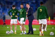 8 October 2020; Republic of Ireland manager Stephen Kenny, right, with Robbie Brady, left, and Shane Long ahead of the UEFA EURO2020 Qualifying Play-Off Semi-Final match between Slovakia and Republic of Ireland at Tehelné pole in Bratislava, Slovakia. Photo by Stephen McCarthy/Sportsfile