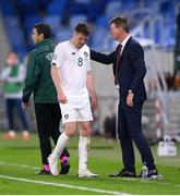 8 October 2020; James McCarthy of Republic of Ireland is greeted by Republic of Ireland manager Stephen Kenny as he leaves the pitch during the UEFA EURO2020 Qualifying Play-Off Semi-Final match between Slovakia and Republic of Ireland at Tehelné pole in Bratislava, Slovakia. Photo by Stephen McCarthy/Sportsfile