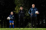 15 October 2020; Aviva Ireland and the FAI have launched a new virtual Aviva Soccer Sisters programme specially designed for girls to take part in during the upcoming October mid-term. The online skills series will be rolled out daily at 10am through the week of 26th October and can be viewed at aviva.ie/soccersisters. Republic of Ireland's Áine O'Gorman with Abbey Larkin of Shelbourne U17's and Caoimhe Nannery of Cambridge Football Club, Dublin, during the launch of the Aviva Soccer Sisters Mid-Term Virtual Skills Hub at Ringsend Park in Dublin. Photo by Stephen McCarthy/Sportsfile